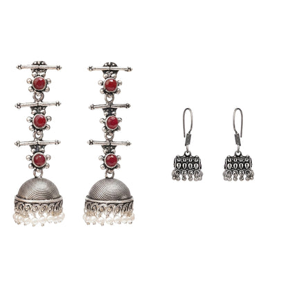 Royal Triple Bell Layered Jhumka Earring (Dark Maroon) Tiny Twinkle jhumki earring (Silver) Combo set