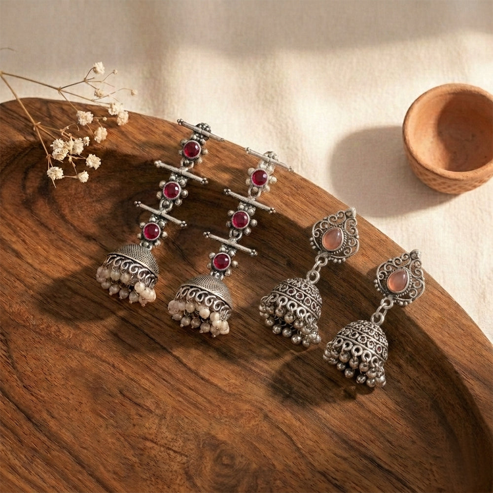 Royal Triple Bell Layered Jhumka Earring (Dark Maroon) Kalash Kamal earring (Light Orange) Combo set