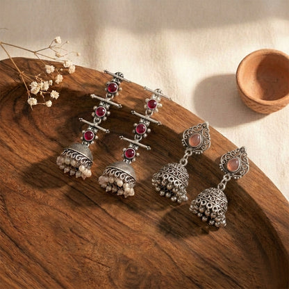 Royal Triple Bell Layered Jhumka Earring (Dark Maroon) Kalash Kamal earring (Light Orange) Combo set
