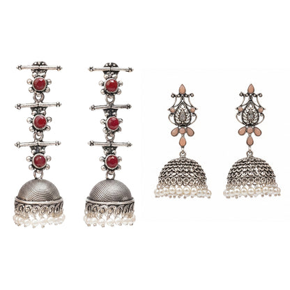 Royal Triple Bell Layered Jhumka Earring (Dark Maroon) Kalash Kamal earring (Light Orange) Combo set
