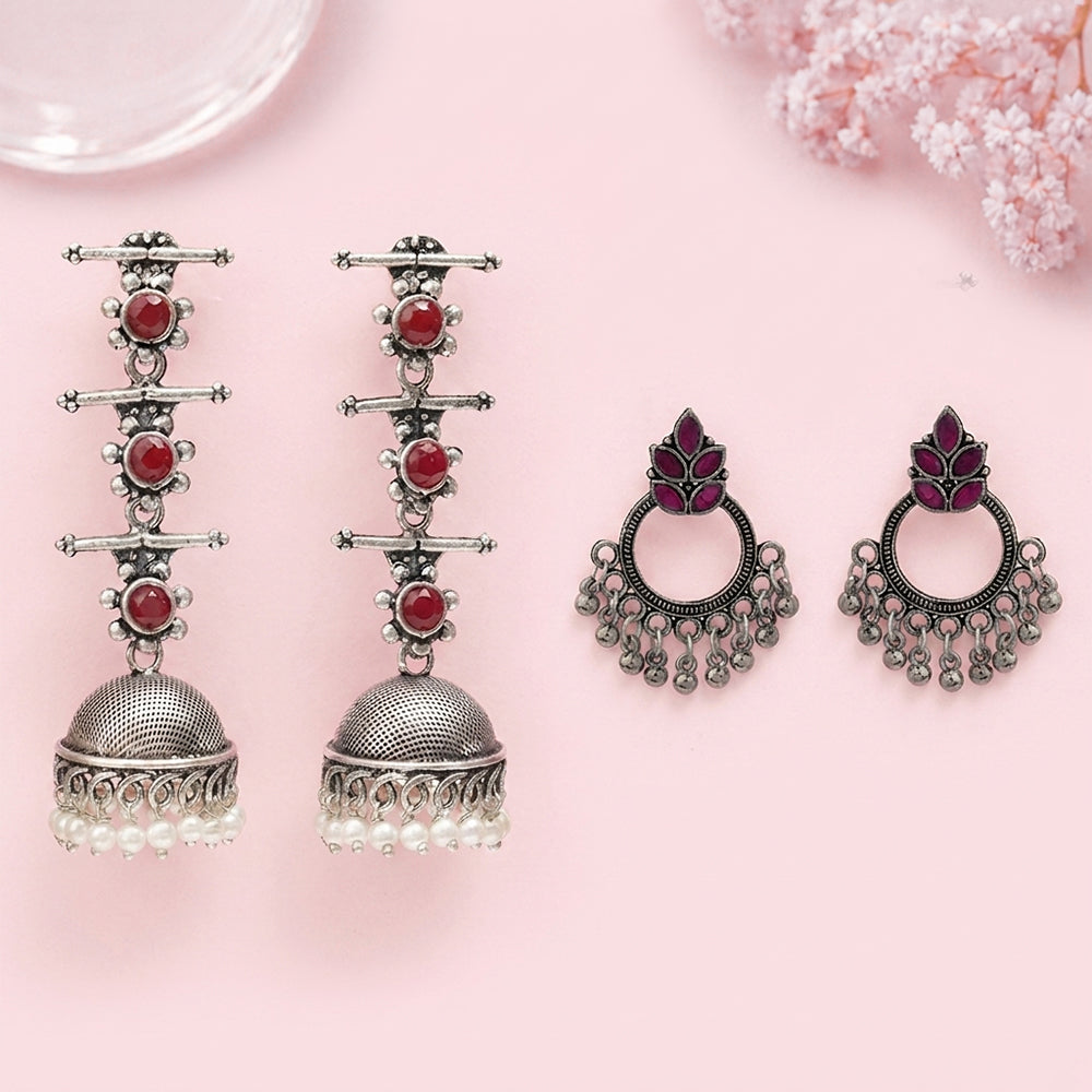 Royal Triple Bell Layered Jhumka Earring (Dark Maroon) Fine Shine stud earrings (Red) Combo set