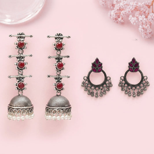 Royal Triple Bell Layered Jhumka Earring (Dark Maroon) Fine Shine stud earrings (Red) Combo set