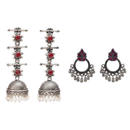 Royal Triple Bell Layered Jhumka Earring (Dark Maroon) Fine Shine stud earrings (Red) Combo set