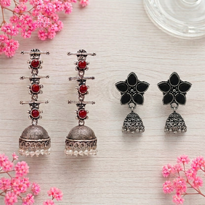 Royal Triple Bell Layered Jhumka Earring (Dark Maroon) Beauty Bloom ghunghroo jhumki earring (Black) Combo set