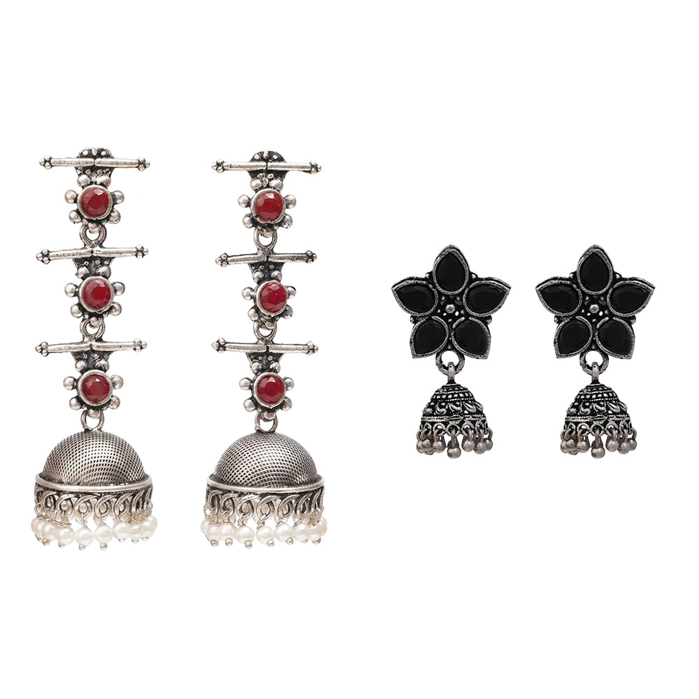Royal Triple Bell Layered Jhumka Earring (Dark Maroon) Beauty Bloom ghunghroo jhumki earring (Black) Combo set