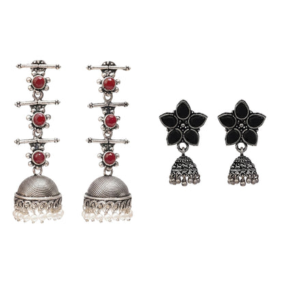 Royal Triple Bell Layered Jhumka Earring (Dark Maroon) Beauty Bloom ghunghroo jhumki earring (Black) Combo set