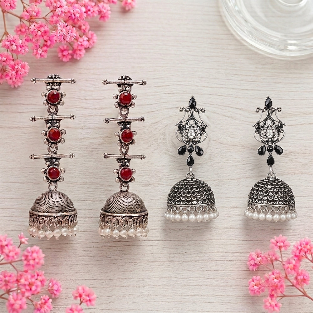 Royal Triple Bell Layered Jhumka Earring (Dark Maroon) Kalash Kamal earring (Black) Combo set