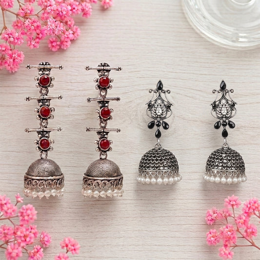 Royal Triple Bell Layered Jhumka Earring (Dark Maroon) Kalash Kamal earring (Black) Combo set