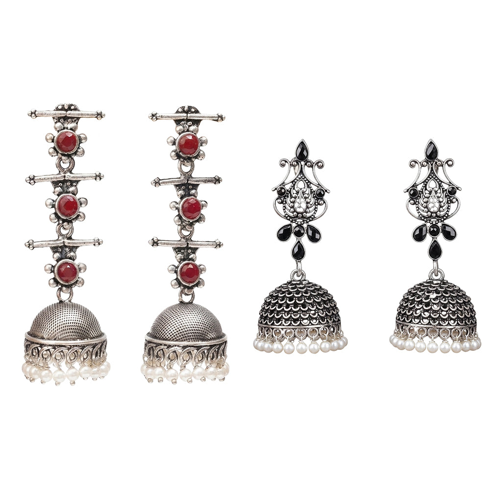 Royal Triple Bell Layered Jhumka Earring (Dark Maroon) Kalash Kamal earring (Black) Combo set