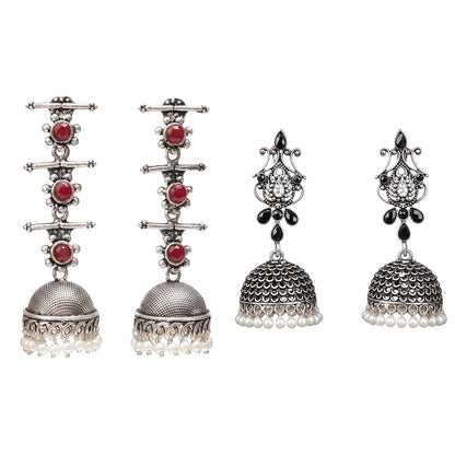 Royal Triple Bell Layered Jhumka Earring (Dark Maroon) Kalash Kamal earring (Black) Combo set
