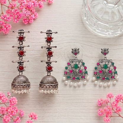 Royal Triple Bell Layered Jhumka Earring (Dark Maroon) Peacock glow stone studded dangler earrings (Multicolored) Combo set