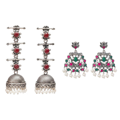 Royal Triple Bell Layered Jhumka Earring (Dark Maroon) Peacock glow stone studded dangler earrings (Multicolored) Combo set
