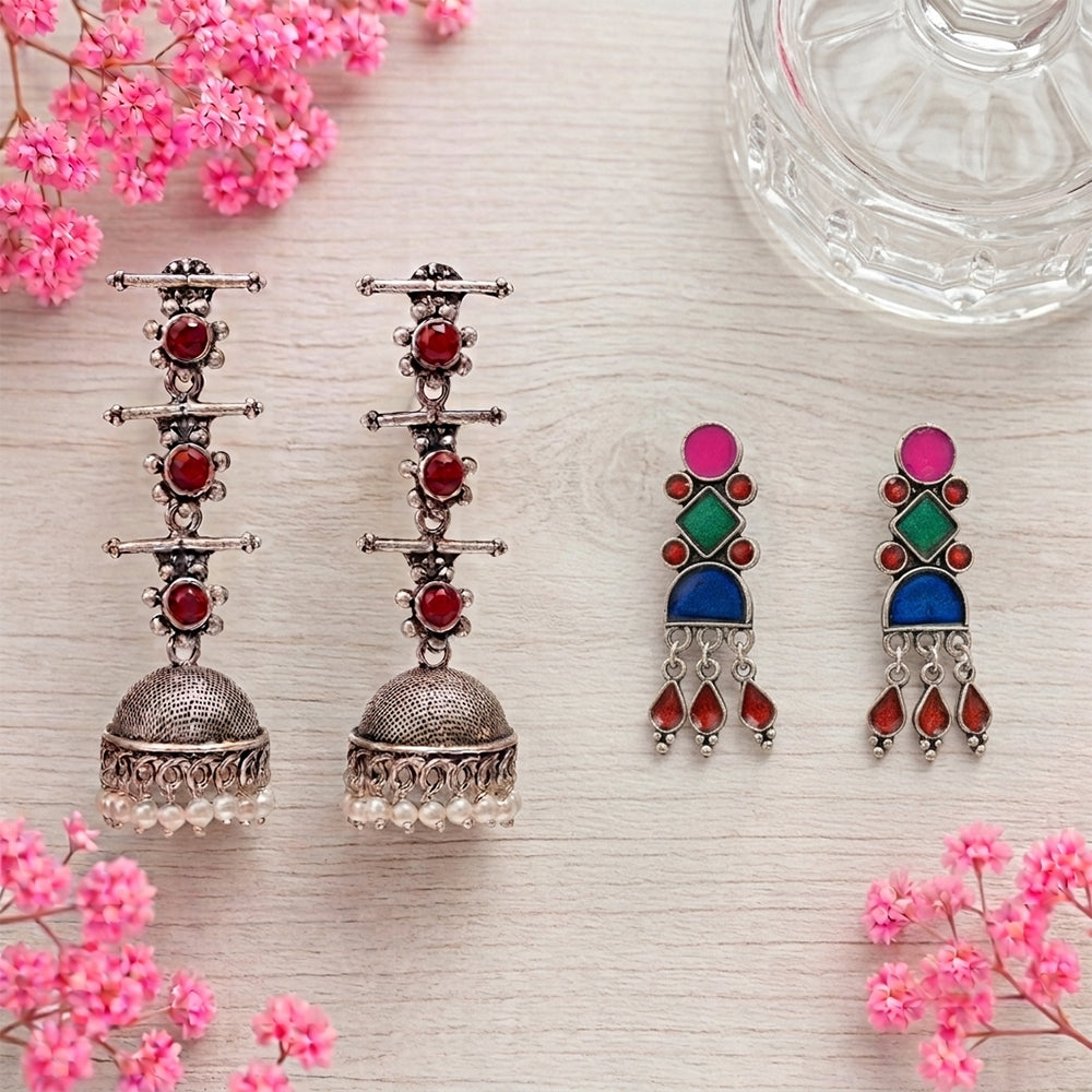 Royal Triple Bell Layered Jhumka Earring (Dark Maroon) Rainbow rhine dangler earrings (Multicolored) Combo set