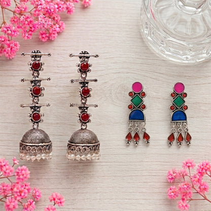 Royal Triple Bell Layered Jhumka Earring (Dark Maroon) Rainbow rhine dangler earrings (Multicolored) Combo set