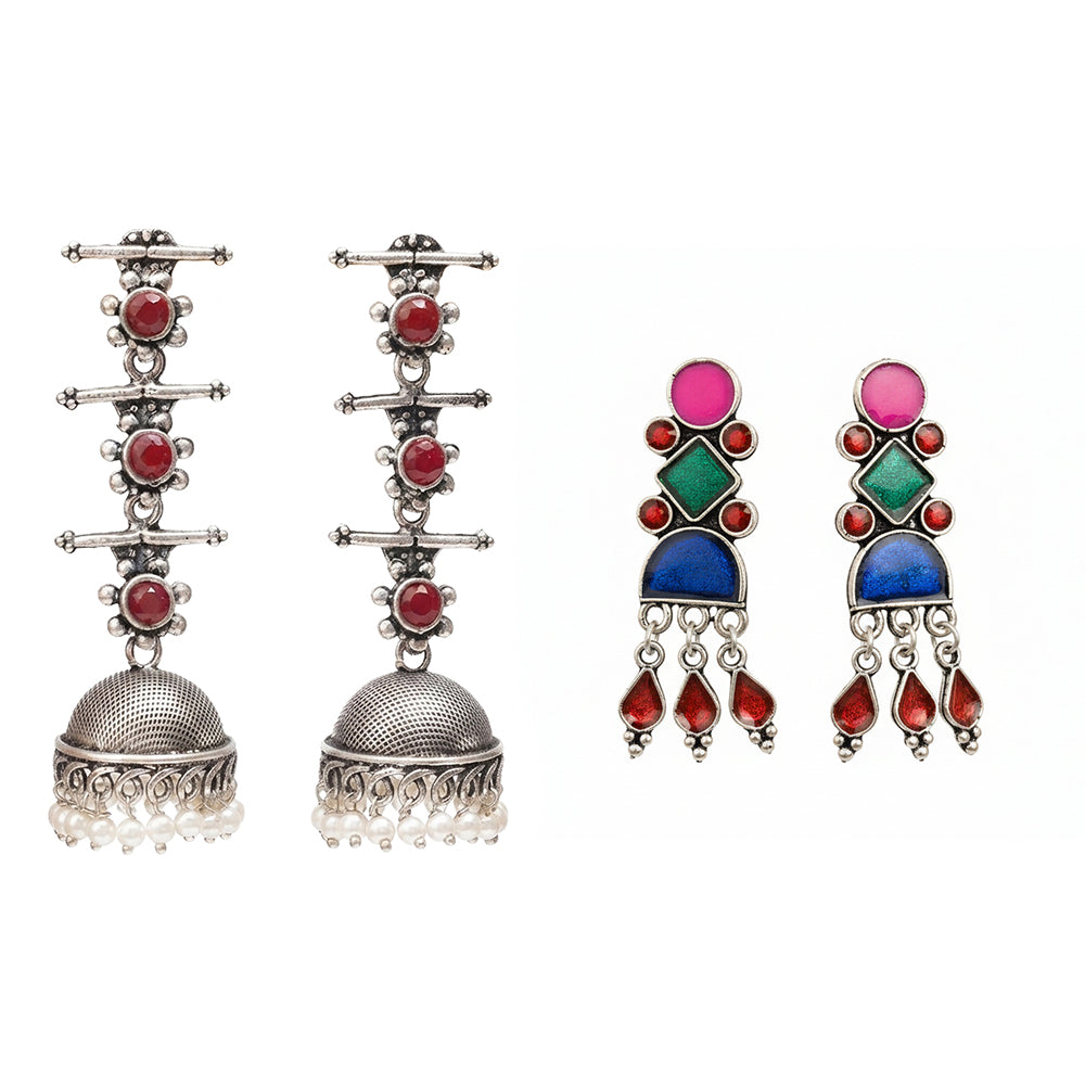 Royal Triple Bell Layered Jhumka Earring (Dark Maroon) Rainbow rhine dangler earrings (Multicolored) Combo set