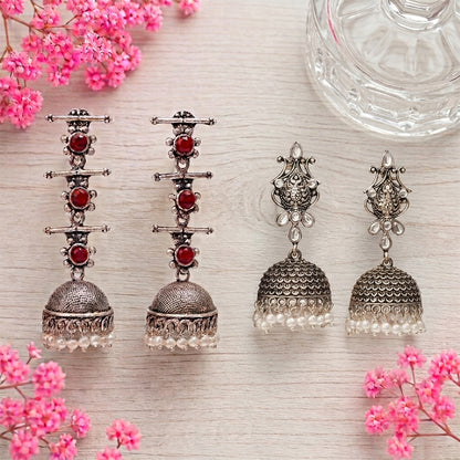 Royal Triple Bell Layered Jhumka Earring (Dark Maroon) Kalash Kamal earring (White) Combo set