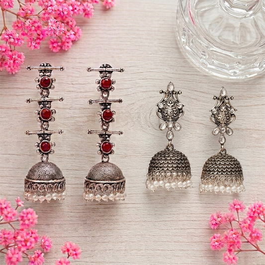 Royal Triple Bell Layered Jhumka Earring (Dark Maroon) Kalash Kamal earring (White) Combo set