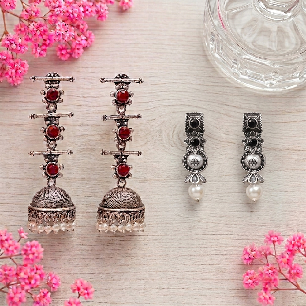 Royal Triple Bell Layered Jhumka Earring (Dark Maroon) Wonderful wildflower oxidised stud earrings (Black) Combo set