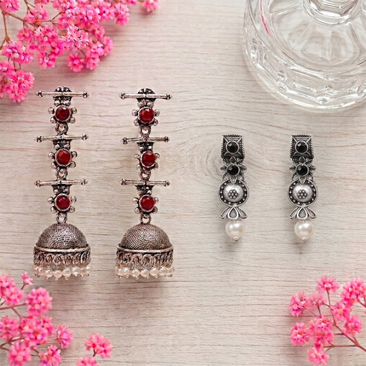 Royal Triple Bell Layered Jhumka Earring (Dark Maroon) Wonderful wildflower oxidised stud earrings (Black) Combo set