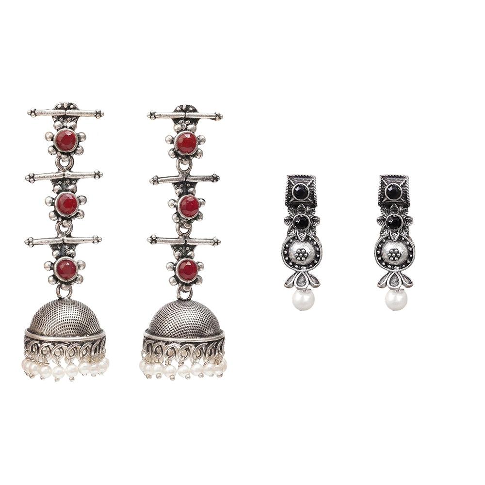 Royal Triple Bell Layered Jhumka Earring (Dark Maroon) Wonderful wildflower oxidised stud earrings (Black) Combo set