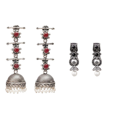 Royal Triple Bell Layered Jhumka Earring (Dark Maroon) Wonderful wildflower oxidised stud earrings (Black) Combo set