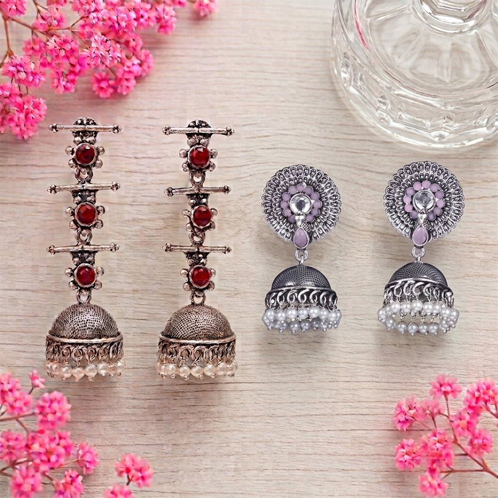 Royal Triple Bell Layered Jhumka Earring (Dark Maroon) Evergreen earrings (Baby Pink) Combo set
