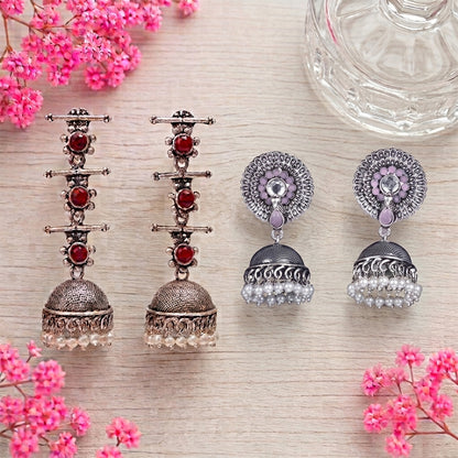 Royal Triple Bell Layered Jhumka Earring (Dark Maroon) Evergreen earrings (Baby Pink) Combo set
