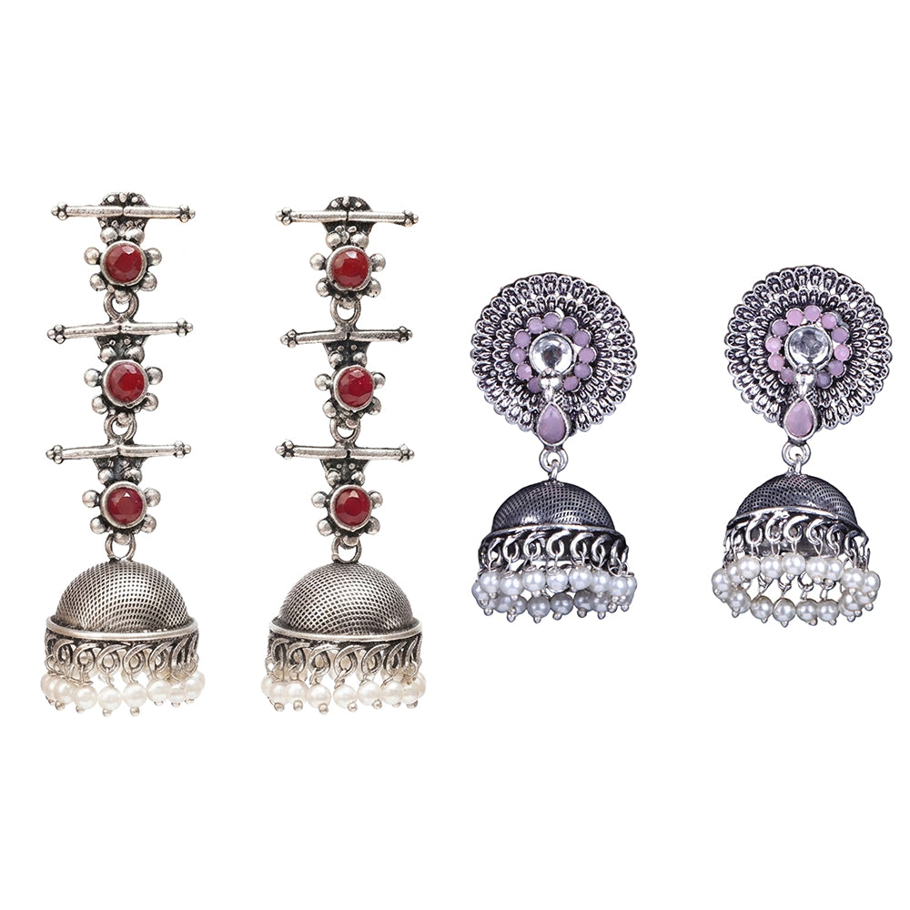 Royal Triple Bell Layered Jhumka Earring (Dark Maroon) Evergreen earrings (Baby Pink) Combo set
