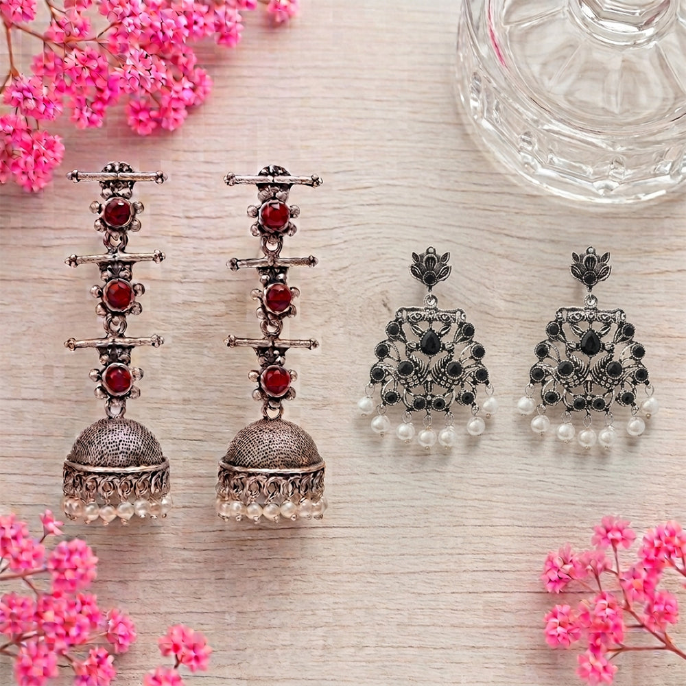 Royal Triple Bell Layered Jhumka Earring (Dark Maroon) Peacock glow stone studded dangler earrings (Black) Combo set