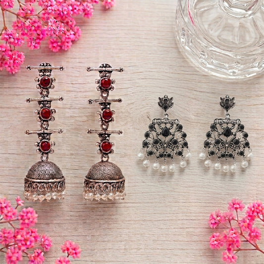 Royal Triple Bell Layered Jhumka Earring (Dark Maroon) Peacock glow stone studded dangler earrings (Black) Combo set