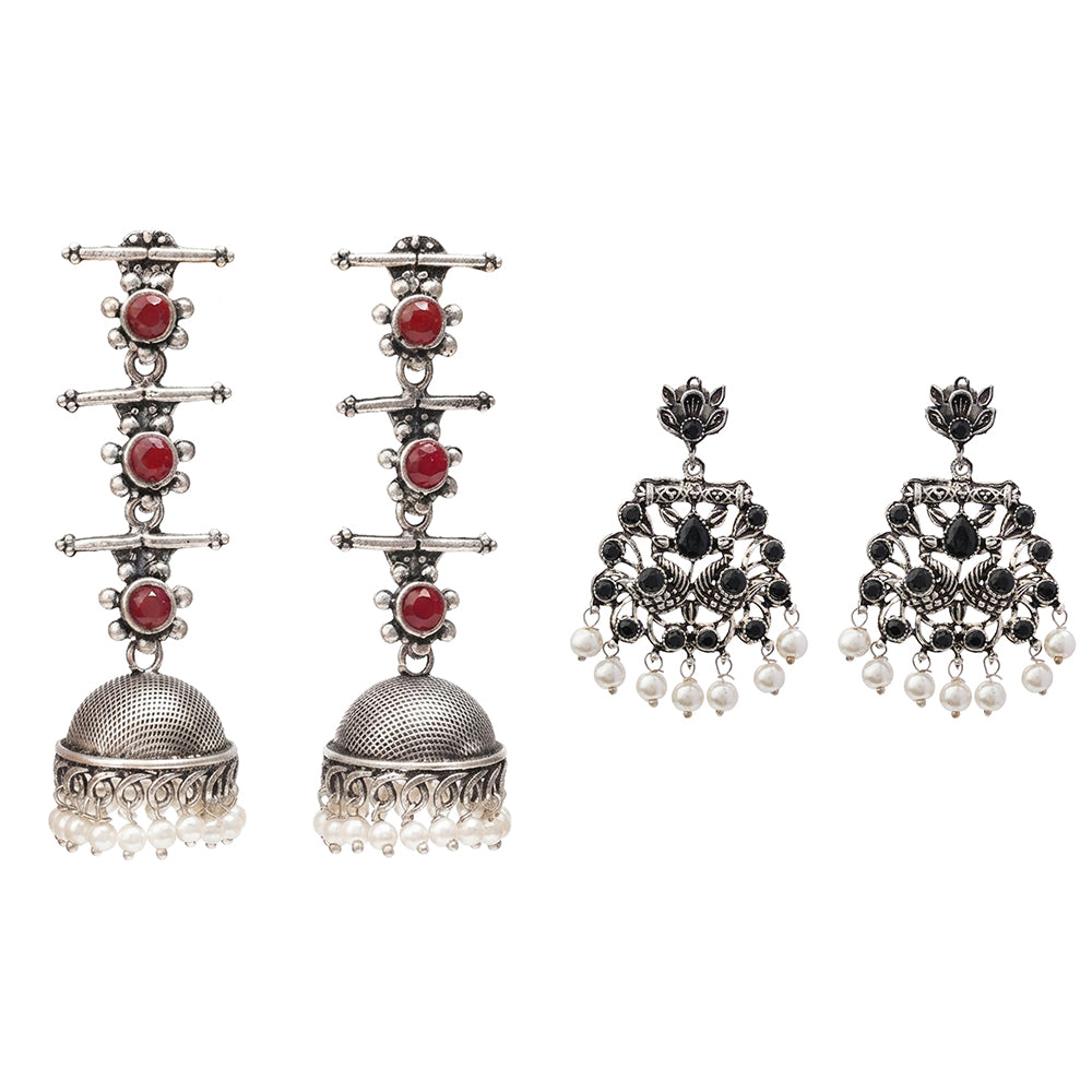Royal Triple Bell Layered Jhumka Earring (Dark Maroon) Peacock glow stone studded dangler earrings (Black) Combo set