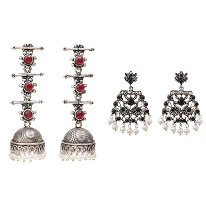 Royal Triple Bell Layered Jhumka Earring (Dark Maroon) Peacock glow stone studded dangler earrings (Black) Combo set