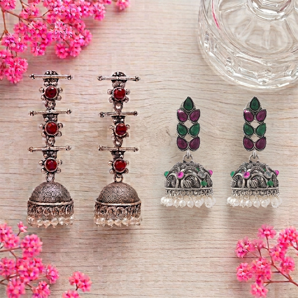 Royal Triple Bell Layered Jhumka Earring (Dark Maroon) Leaf Cascade jhumki earrings (Multicolored) Combo set