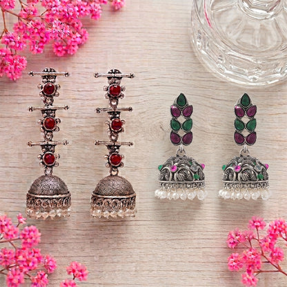 Royal Triple Bell Layered Jhumka Earring (Dark Maroon) Leaf Cascade jhumki earrings (Multicolored) Combo set