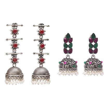 Royal Triple Bell Layered Jhumka Earring (Dark Maroon) Leaf Cascade jhumki earrings (Multicolored) Combo set
