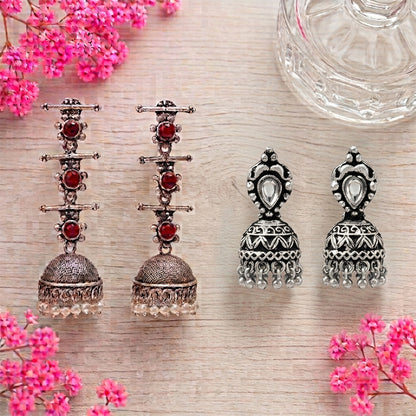 Royal Triple Bell Layered Jhumka Earring (Dark Maroon) Jharokha stone studded jhumki earring (White) Combo set