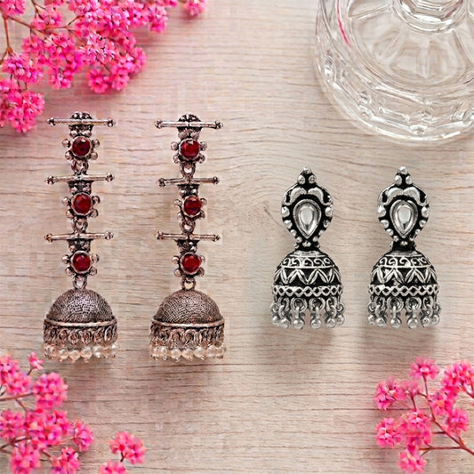 Royal Triple Bell Layered Jhumka Earring (Dark Maroon) Jharokha stone studded jhumki earring (White) Combo set