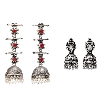 Royal Triple Bell Layered Jhumka Earring (Dark Maroon) Jharokha stone studded jhumki earring (White) Combo set