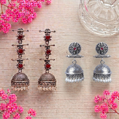 Royal Triple Bell Layered Jhumka Earring (Dark Maroon) Charmbell earrings (Red) Combo set