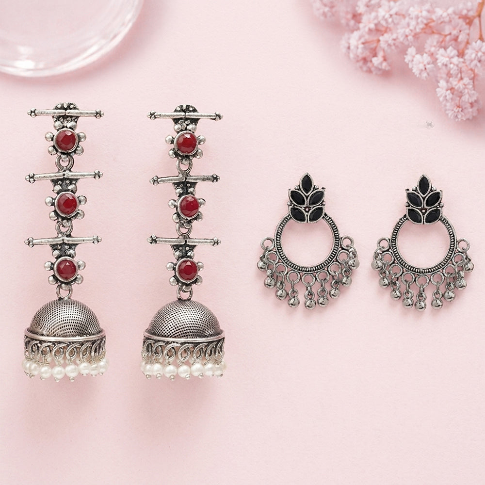 Royal Triple Bell Layered Jhumka Earring (Dark Maroon) Fine Shine stud earrings (Black) Combo set