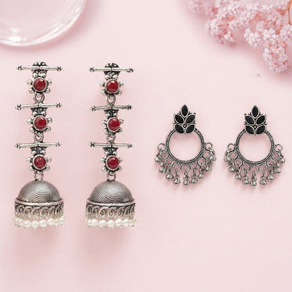 Royal Triple Bell Layered Jhumka Earring (Dark Maroon) Fine Shine stud earrings (Black) Combo set