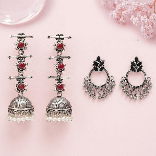 Royal Triple Bell Layered Jhumka Earring (Dark Maroon) Fine Shine stud earrings (Black) Combo set