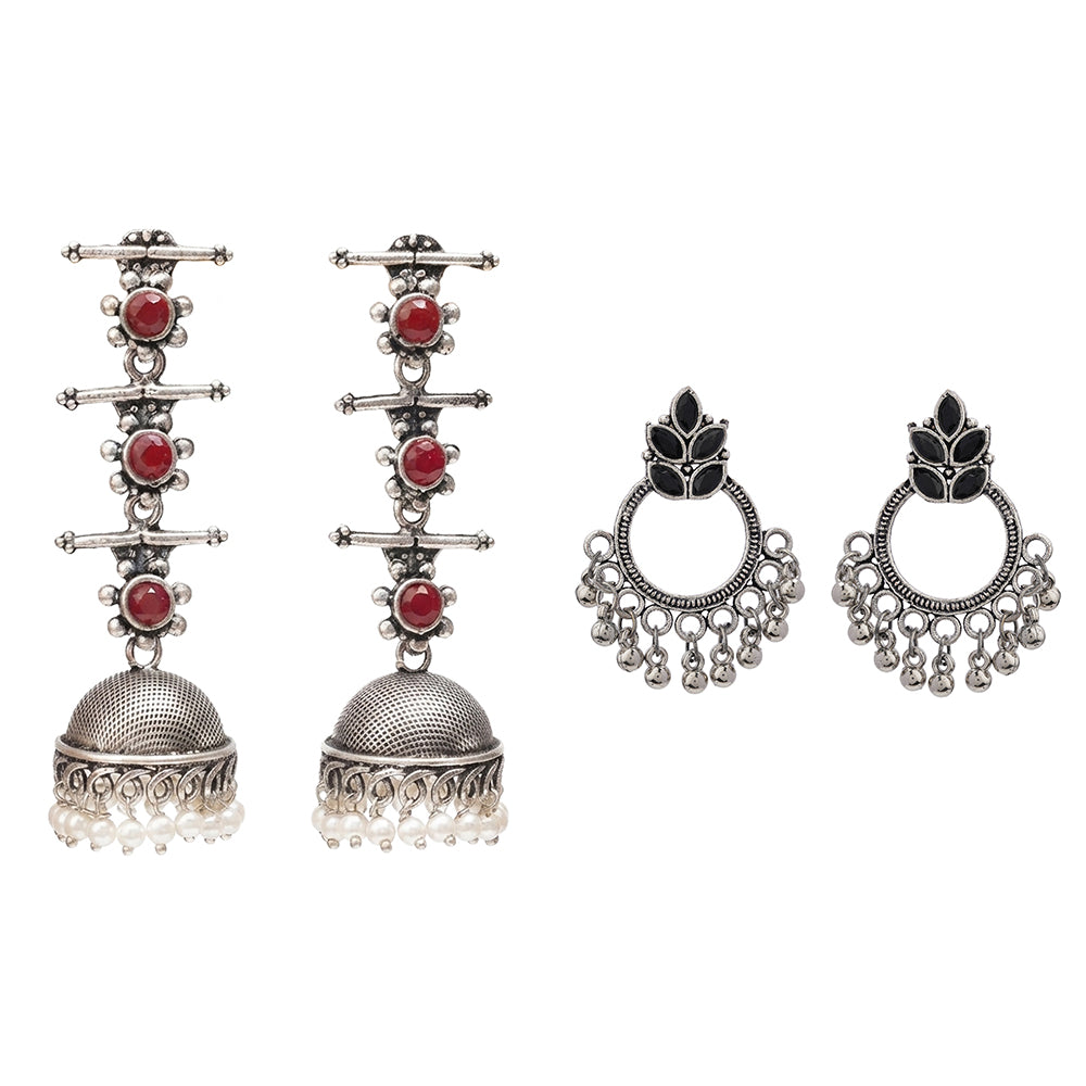 Royal Triple Bell Layered Jhumka Earring (Dark Maroon) Fine Shine stud earrings (Black) Combo set