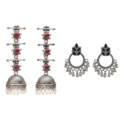 Royal Triple Bell Layered Jhumka Earring (Dark Maroon) Fine Shine stud earrings (Black) Combo set