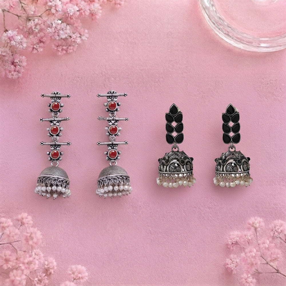 Royal Triple Bell Layered Jhumka Earring (Dark Maroon) Leaf Cascade jhumki earrings (Black) Combo set