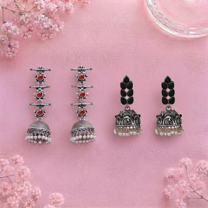 Royal Triple Bell Layered Jhumka Earring (Dark Maroon) Leaf Cascade jhumki earrings (Black) Combo set