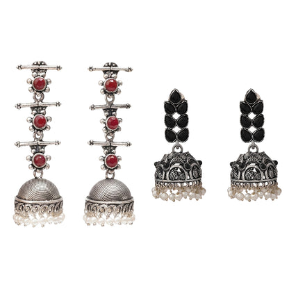 Royal Triple Bell Layered Jhumka Earring (Dark Maroon) Leaf Cascade jhumki earrings (Black) Combo set