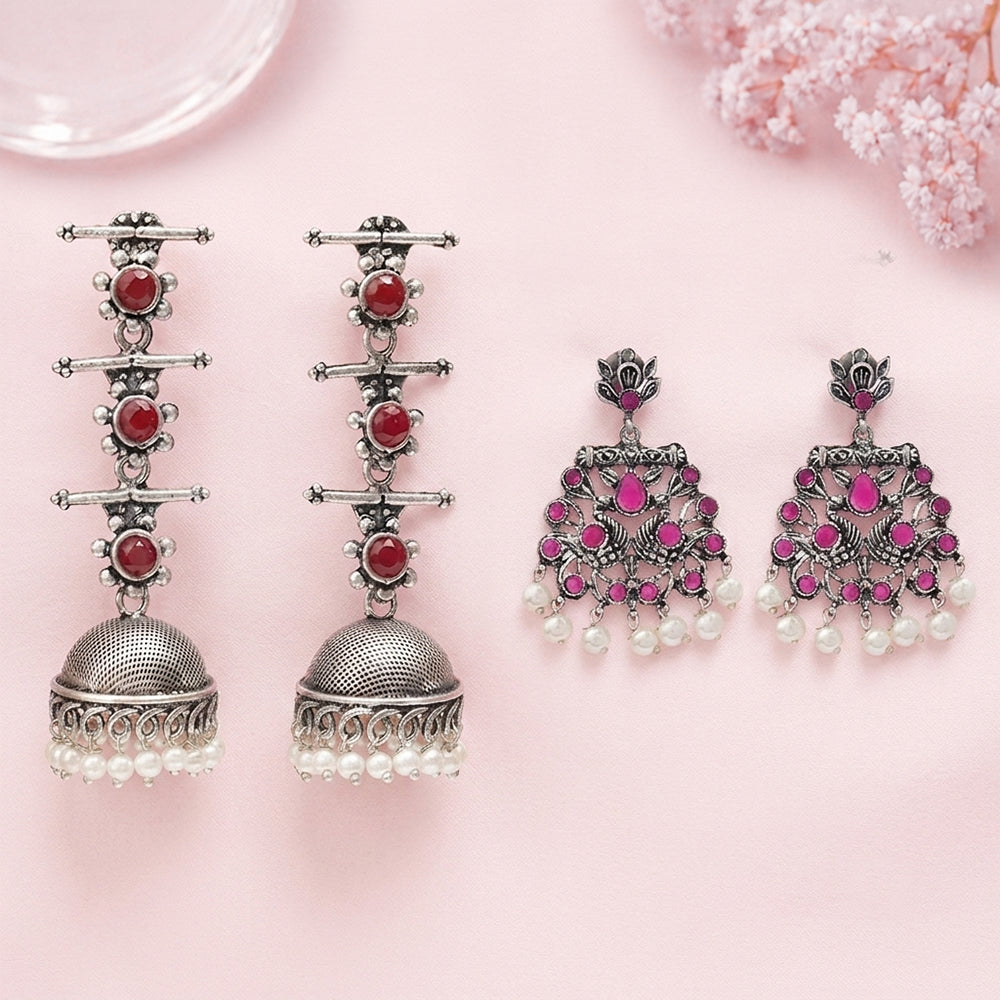 Royal Triple Bell Layered Jhumka Earring (Dark Maroon) Peacock glow stone studded dangler earrings (Red) Combo set
