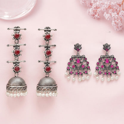 Royal Triple Bell Layered Jhumka Earring (Dark Maroon) Peacock glow stone studded dangler earrings (Red) Combo set