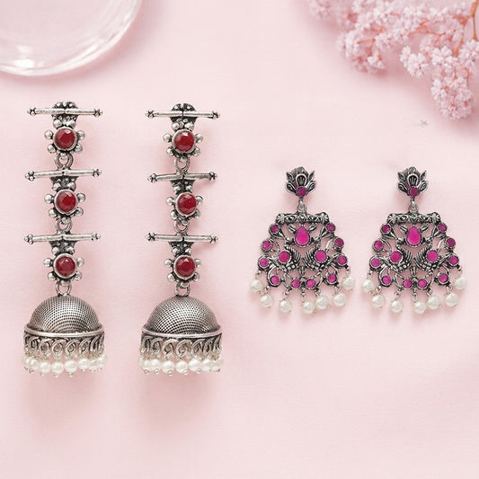 Royal Triple Bell Layered Jhumka Earring (Dark Maroon) Peacock glow stone studded dangler earrings (Red) Combo set